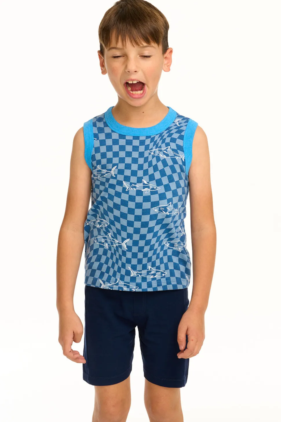 Chaser Brand Boy's Checkered Shark Recycled Vintage Jersey Tank Fashion