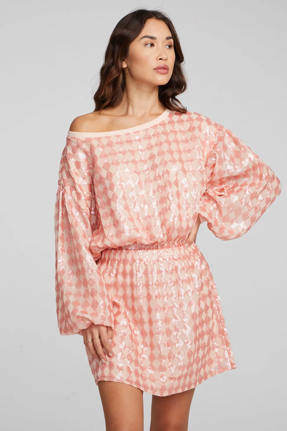 Chaser Brand Cooper Long Sleeve Mini Dress Embellished Check Store