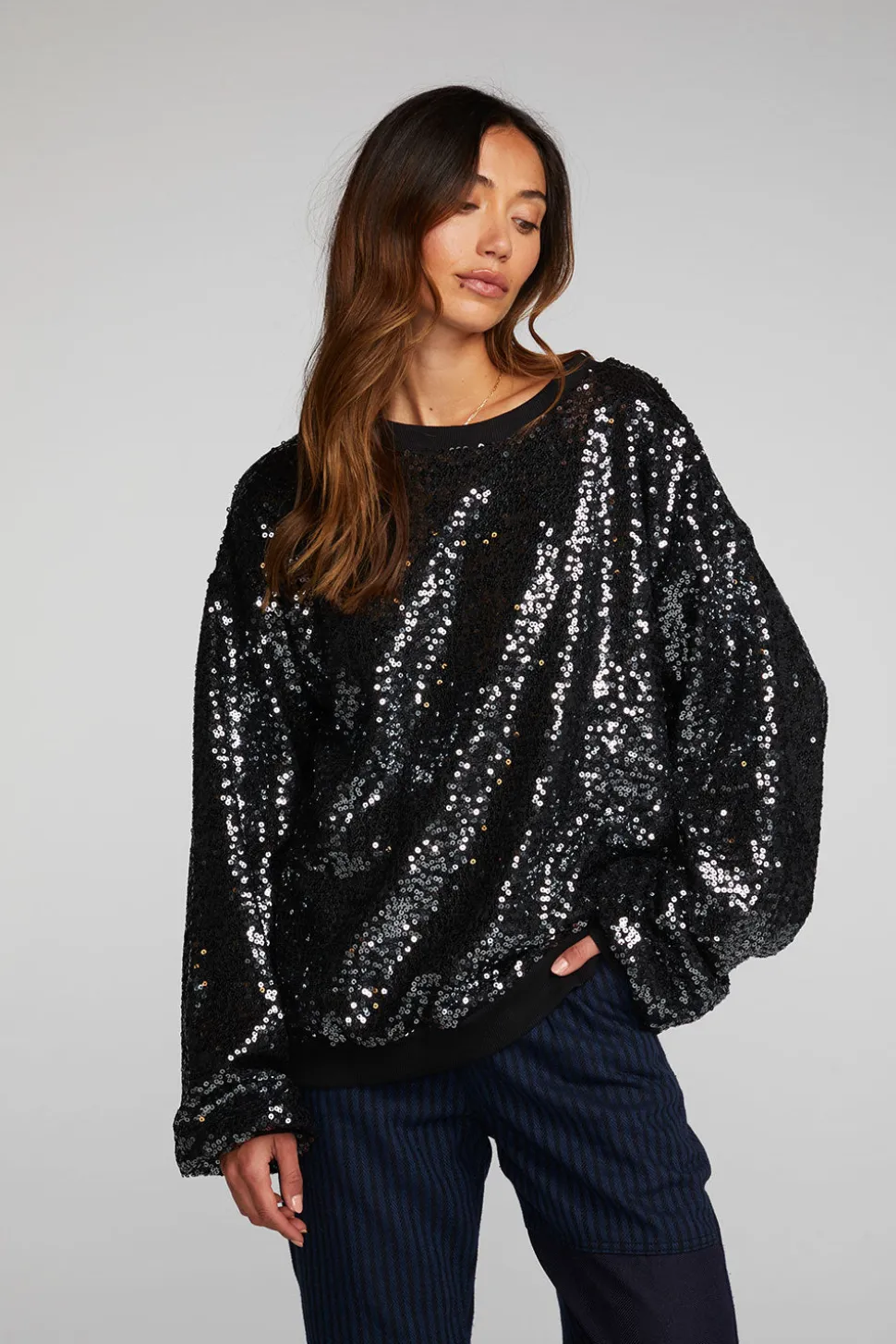 Chaser Brand Cotton Fleece Allover Sequin Crewneck Pullover Best