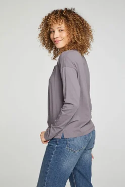Chaser Brand Cropped Boxy Long Sleeve Henley With Side Slits New