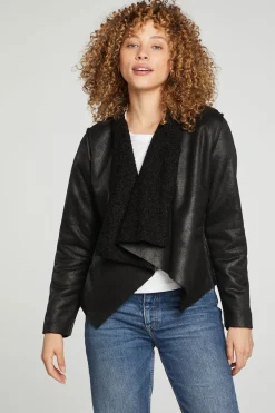 Chaser Brand Faux Suede Shearling Reversible Long Sleeve Waterfall Neck Jacket New