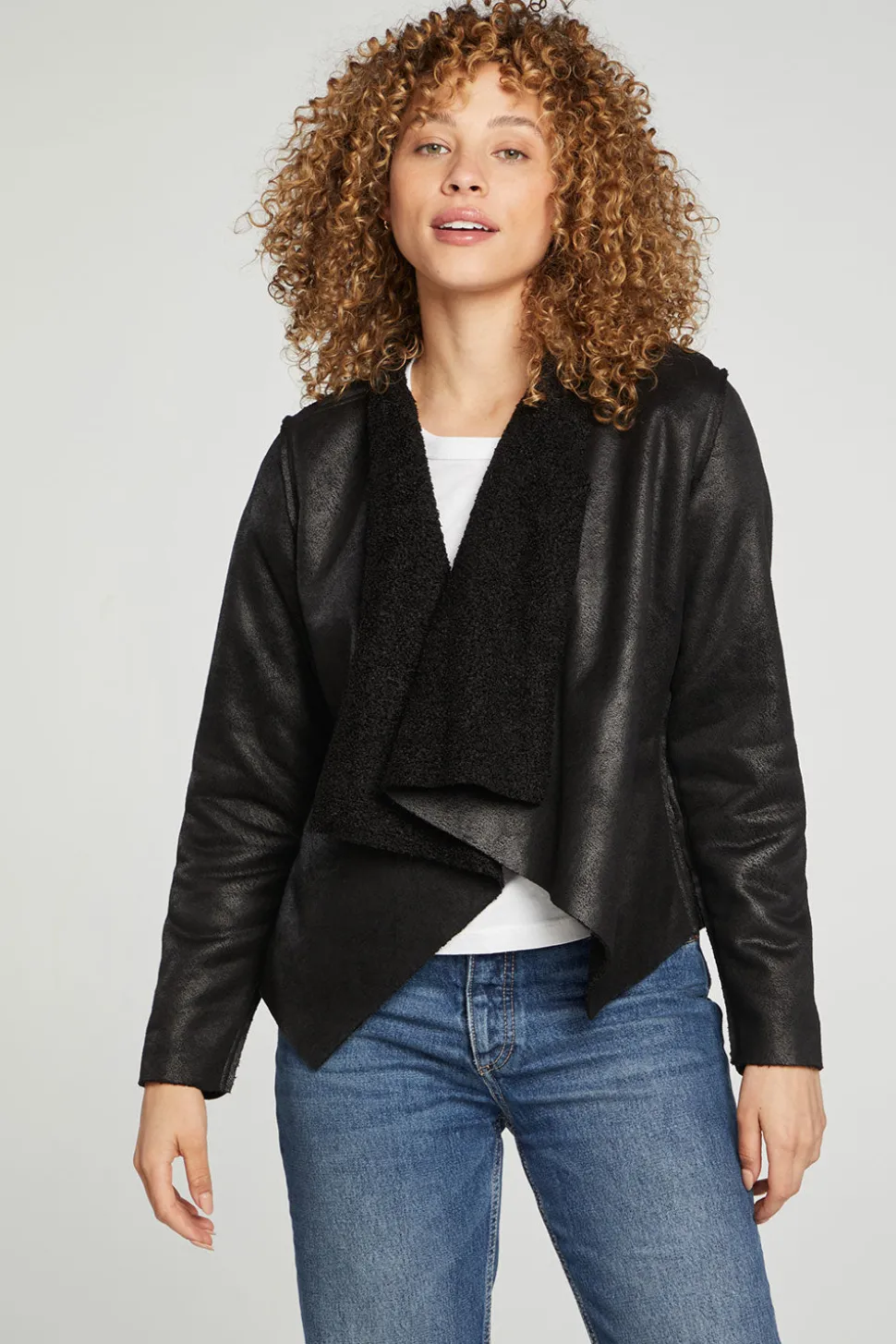 Chaser Brand Faux Suede Shearling Reversible Long Sleeve Waterfall Neck Jacket New
