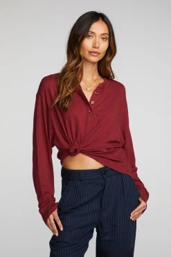 Chaser Brand Gauze Jersey Long Sleeve Henley With Deconstructed Bottom Hem Store