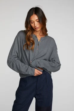 Chaser Brand Gauze Jersey Long Sleeve Henley With Deconstructed Bottom Hem Sale
