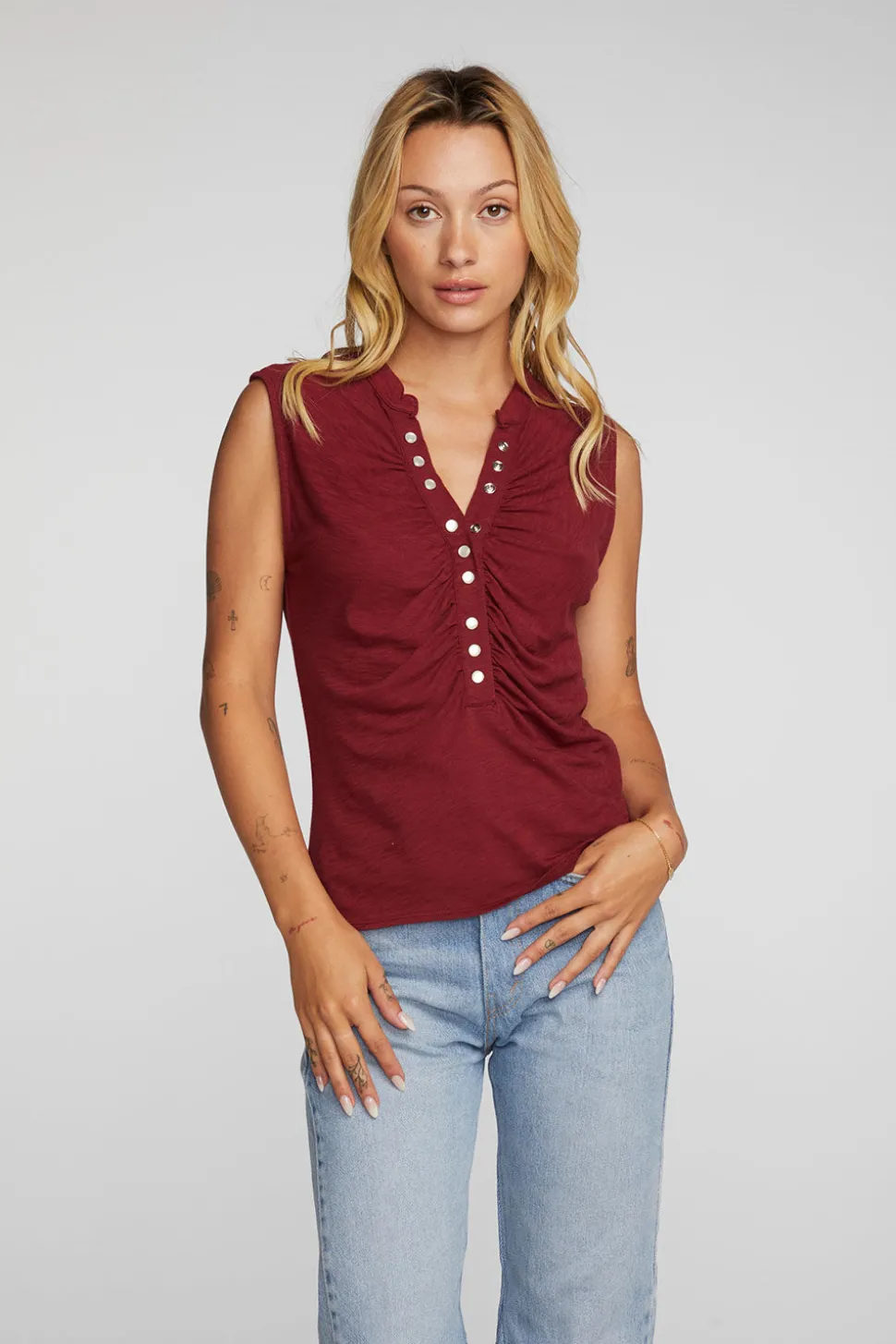 Chaser Brand Gauze Jersey Snap Down Tank With Shirring Discount