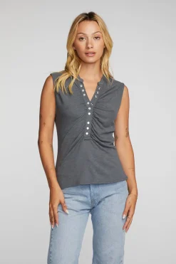 Chaser Brand Gauze Jersey Snap Down Tank With Shirring Fashion