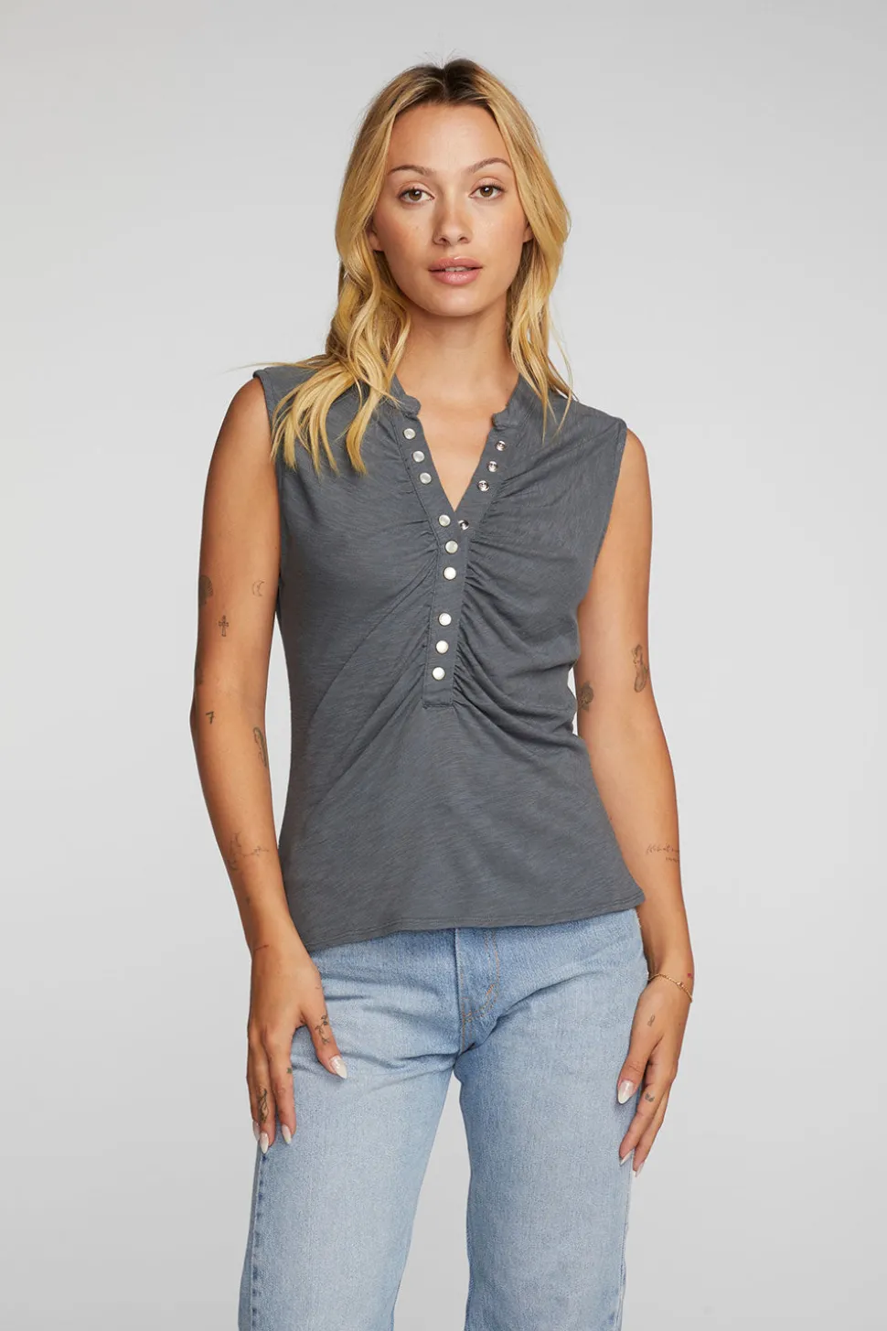Chaser Brand Gauze Jersey Snap Down Tank With Shirring Fashion