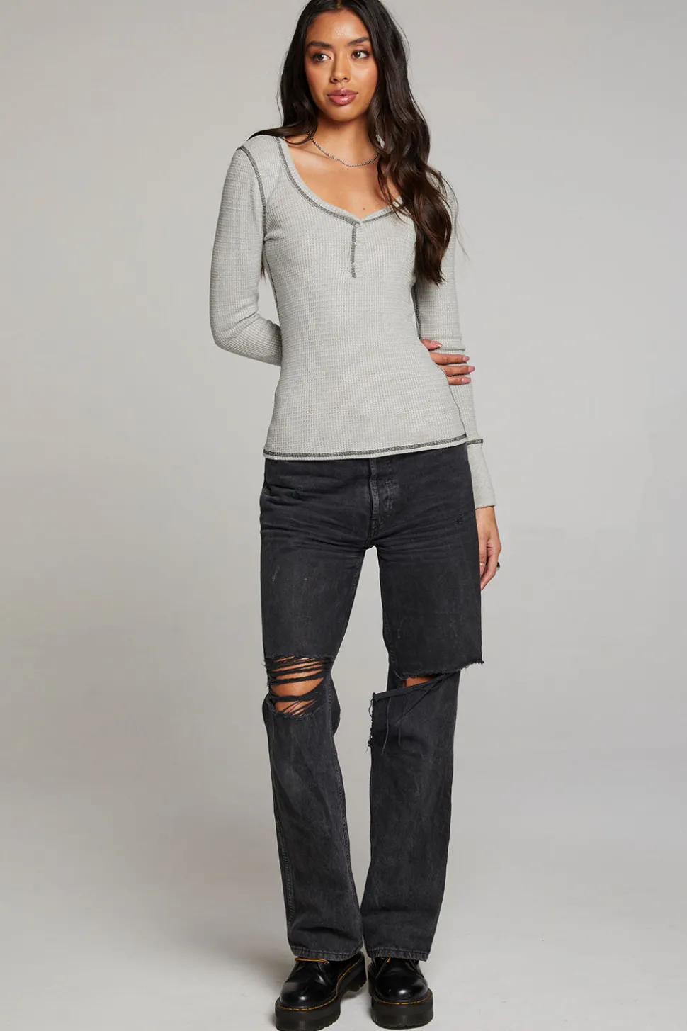 Chaser Brand Heather Grey Long Sleeve Henley Discount