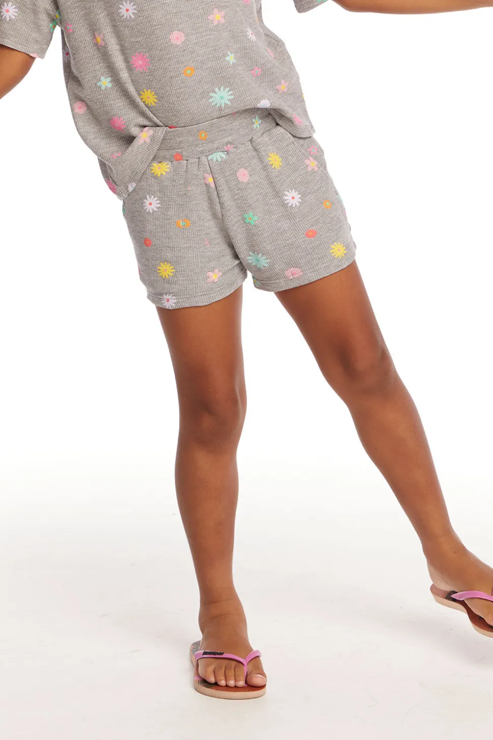 Chaser Brand Jade Embroidered Flowers Waffle Knit Girls Short Clearance