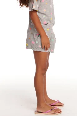 Chaser Brand Jade Embroidered Flowers Waffle Knit Girls Short Clearance