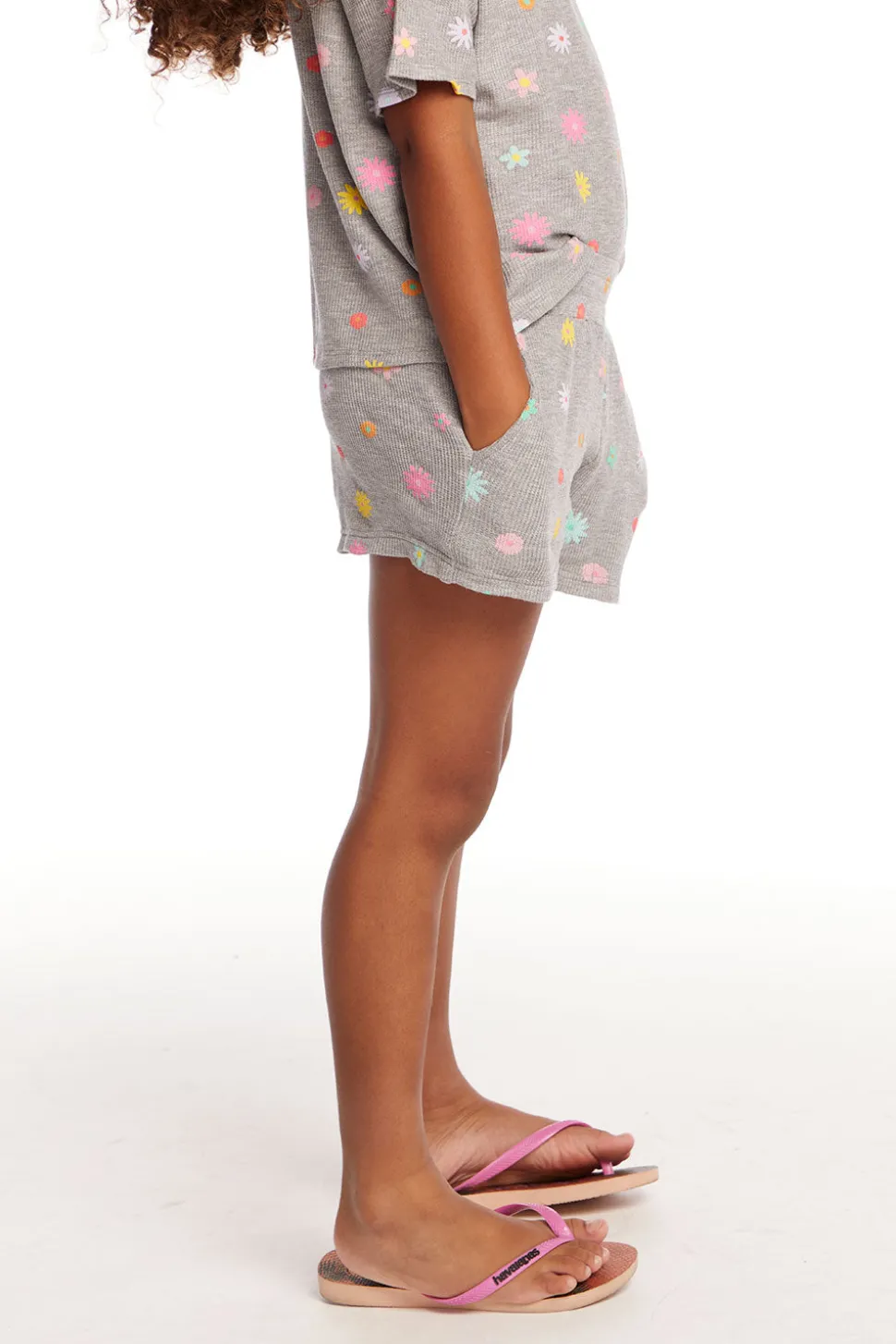 Chaser Brand Jade Embroidered Flowers Waffle Knit Girls Short Clearance