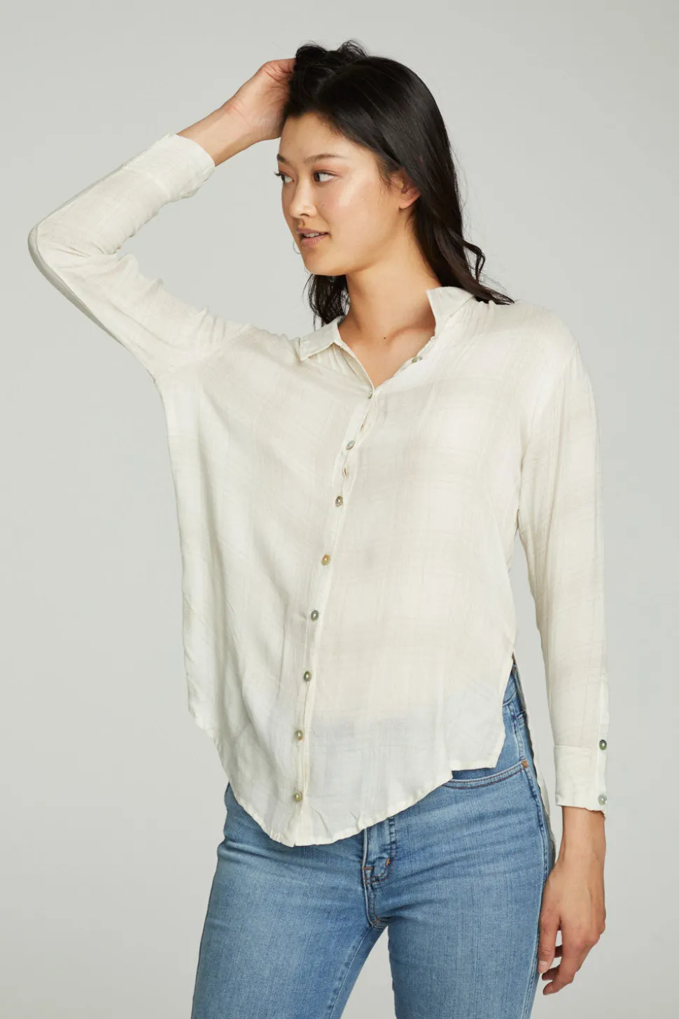 Chaser Brand Long Sleeve Drop Shoulder Hi Lo Button Down Shirttail Tunic Outlet