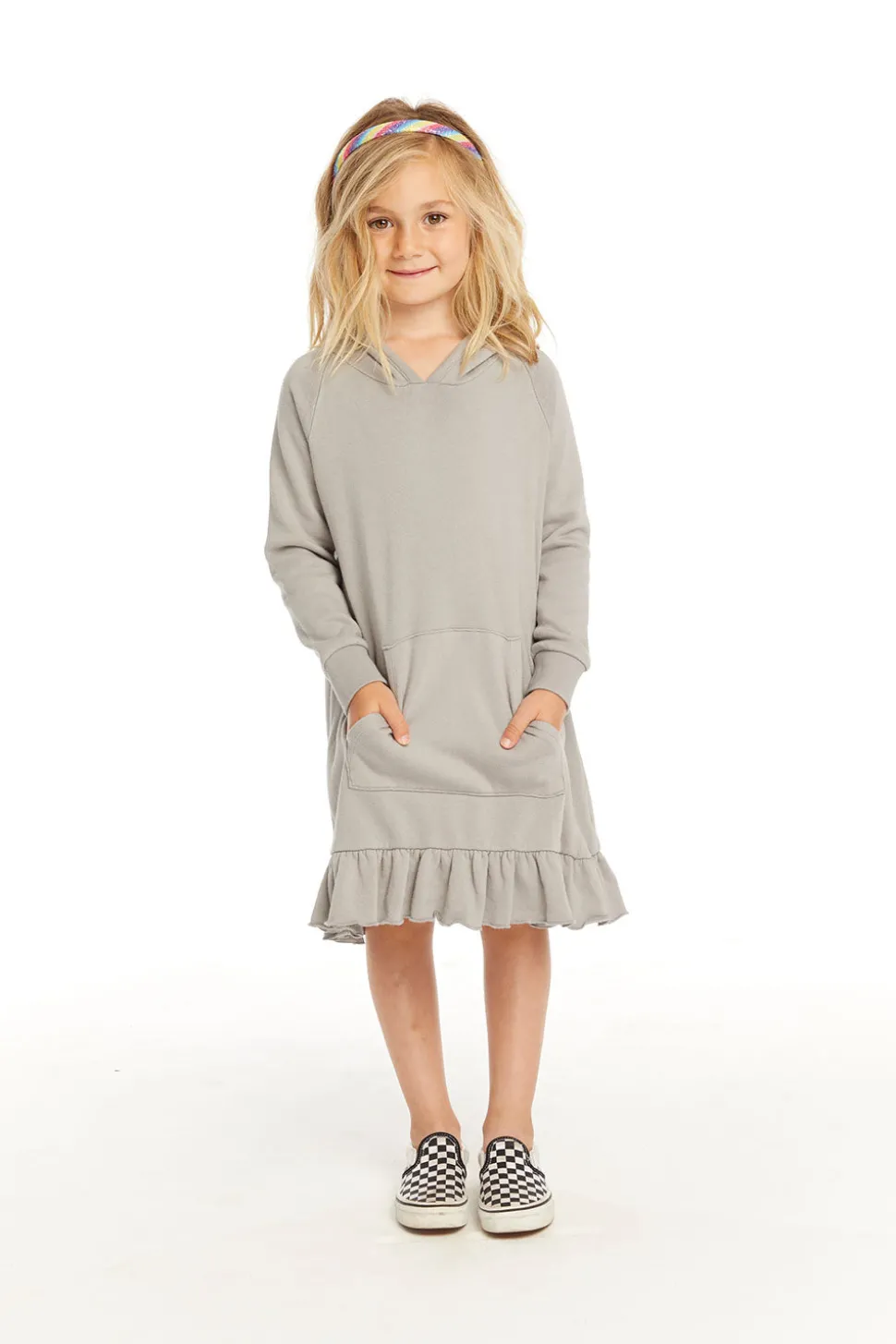Chaser Brand Long Sleeve Gravel Grey Hooded Ruffle Hem Dress Outlet