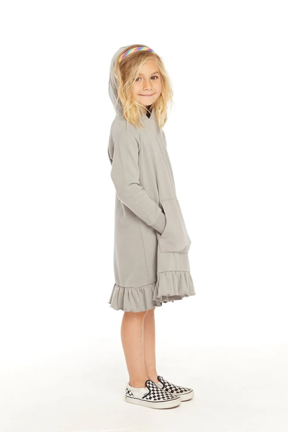 Chaser Brand Long Sleeve Gravel Grey Hooded Ruffle Hem Dress Outlet