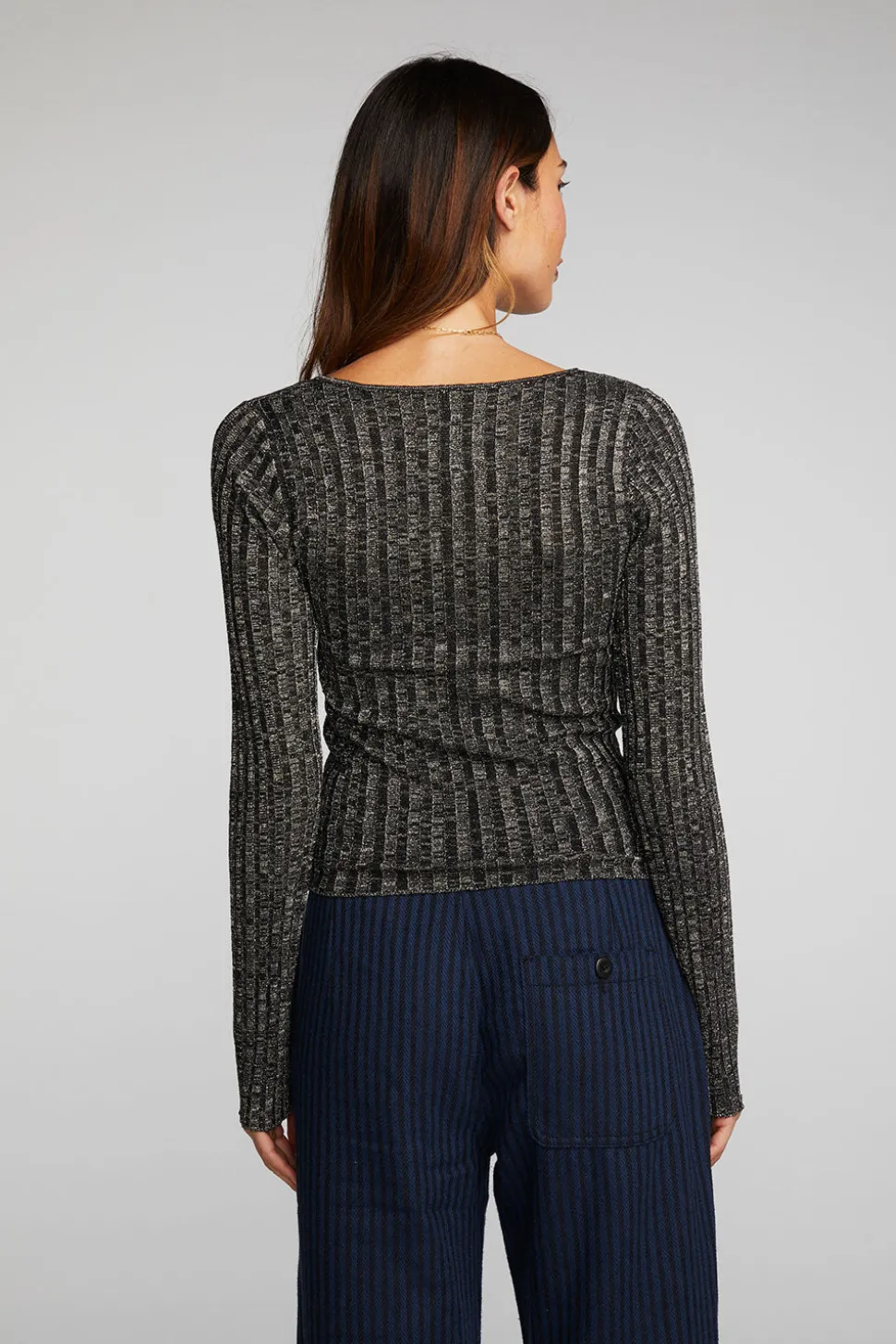 Chaser Brand Lurex Rib Knit Long Sleeve Top With Open Keyhole Online