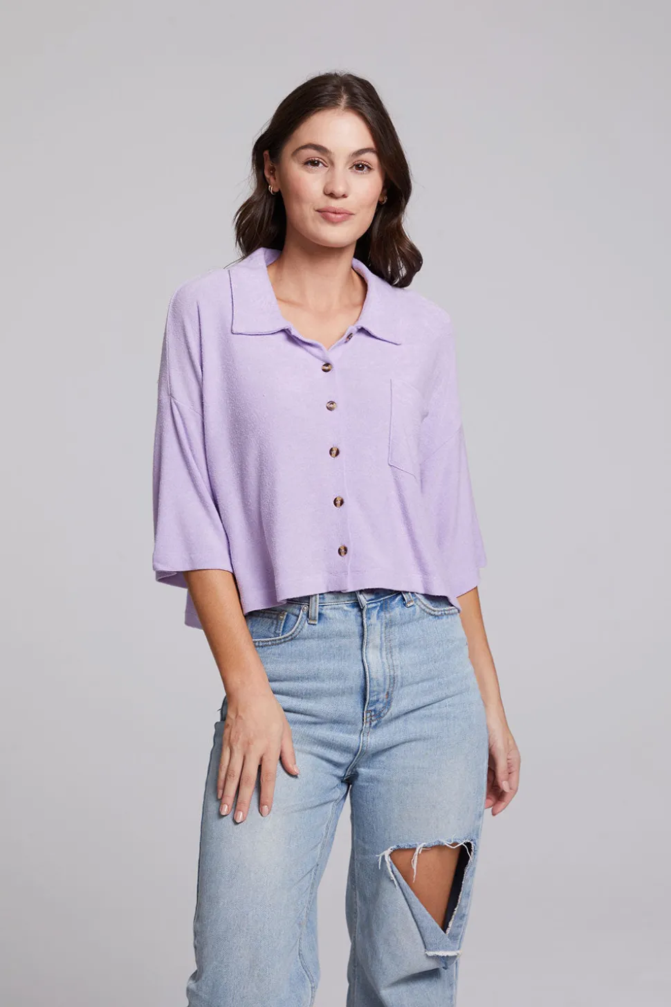 Chaser Brand Marine Crop Button Down - Digital Lavender Flash Sale