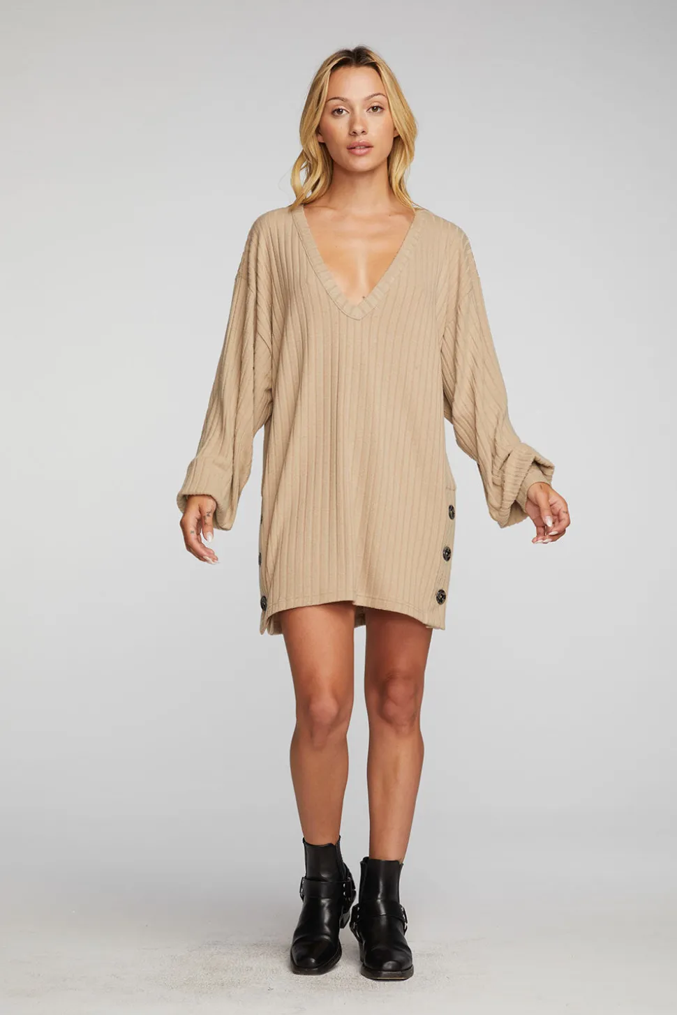 Chaser Brand Poor Boy Rib V-neck Tunic With Button Side Seam Shop