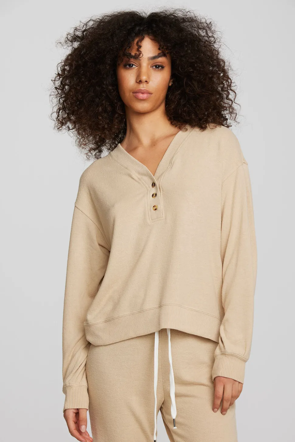 Chaser Brand Recycled Bliss Knit Long Sleeve Henley With Rib Hot