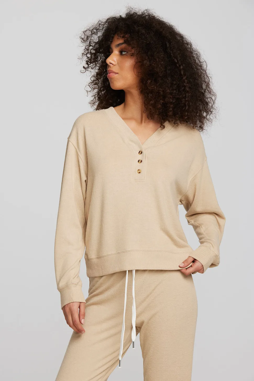 Chaser Brand Recycled Bliss Knit Long Sleeve Henley With Rib Hot