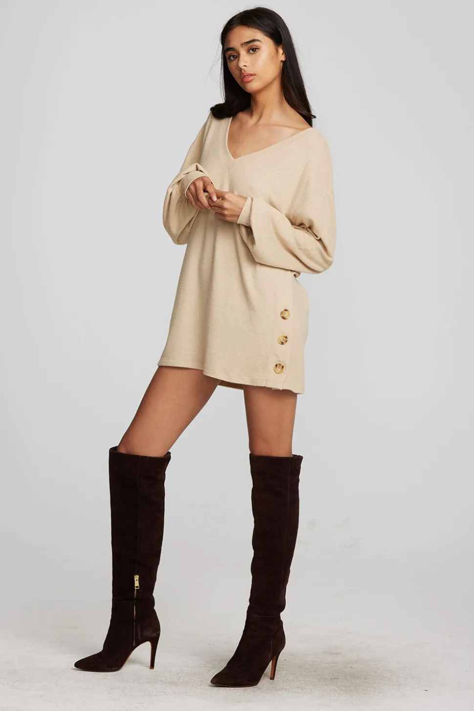 Chaser Brand Recycled Bliss Knit V-neck Tunic With Button Side Seam Sale