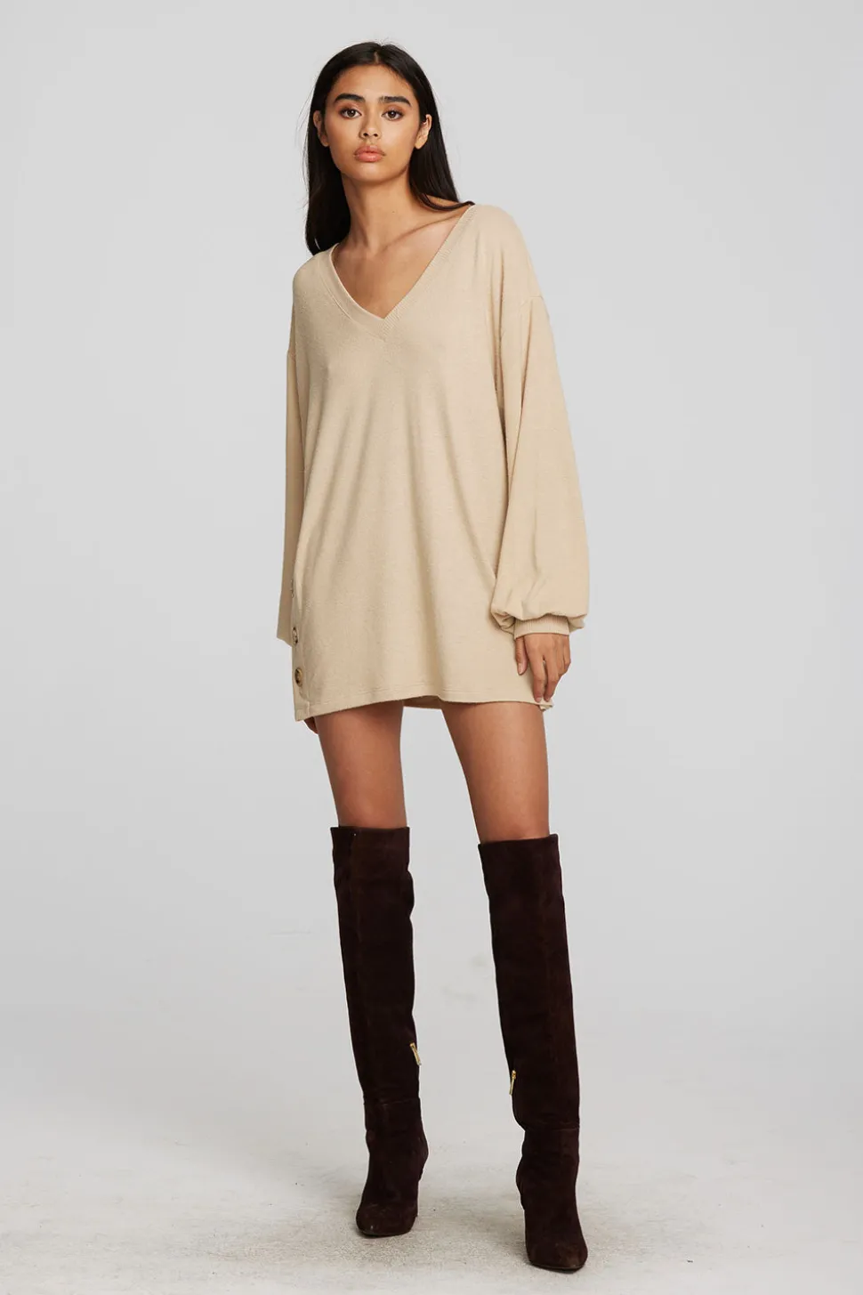 Chaser Brand Recycled Bliss Knit V-neck Tunic With Button Side Seam Sale
