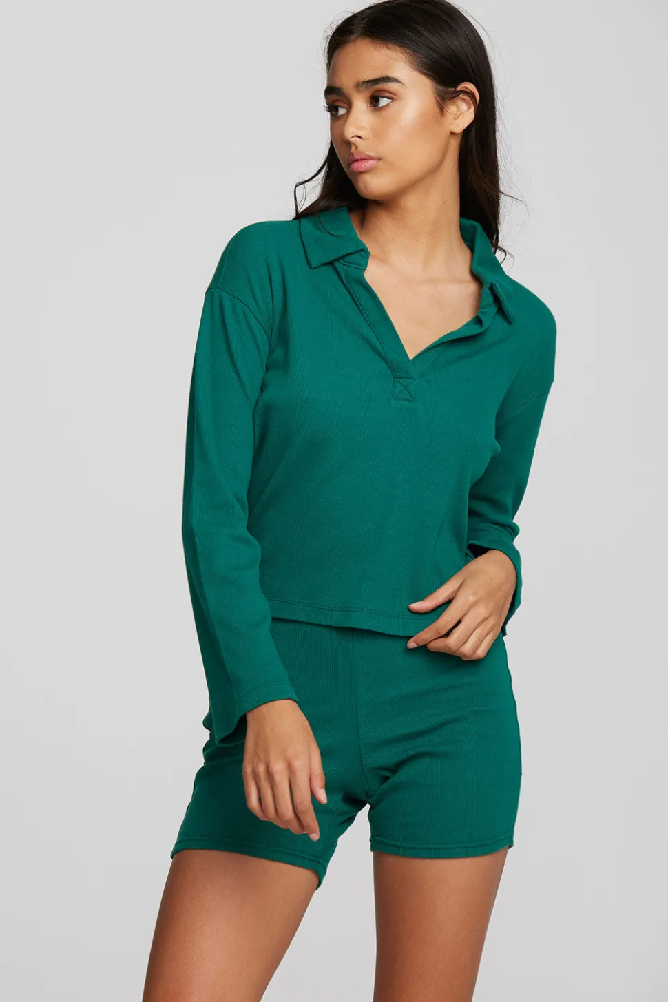 Chaser Brand Recycled Vintage Rib Cropped Polo With Distressed Detail Long Sleeve Cheap