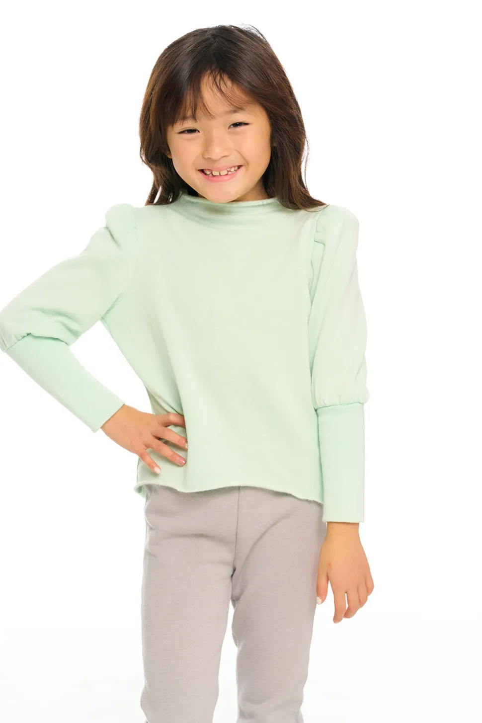 Chaser Brand Semi Cropped Hi Lo Mock Neck Puff Sleeve Pullover Sale