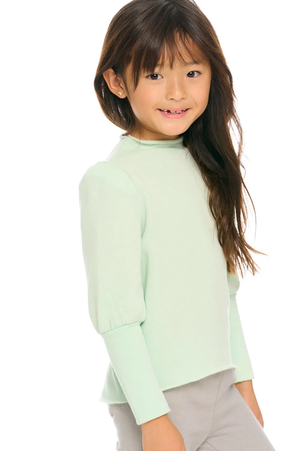 Chaser Brand Semi Cropped Hi Lo Mock Neck Puff Sleeve Pullover Sale