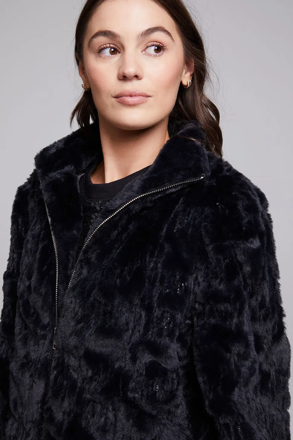 Chaser Brand Sequin Faux Fur Puff Sleeve Jacket Clearance