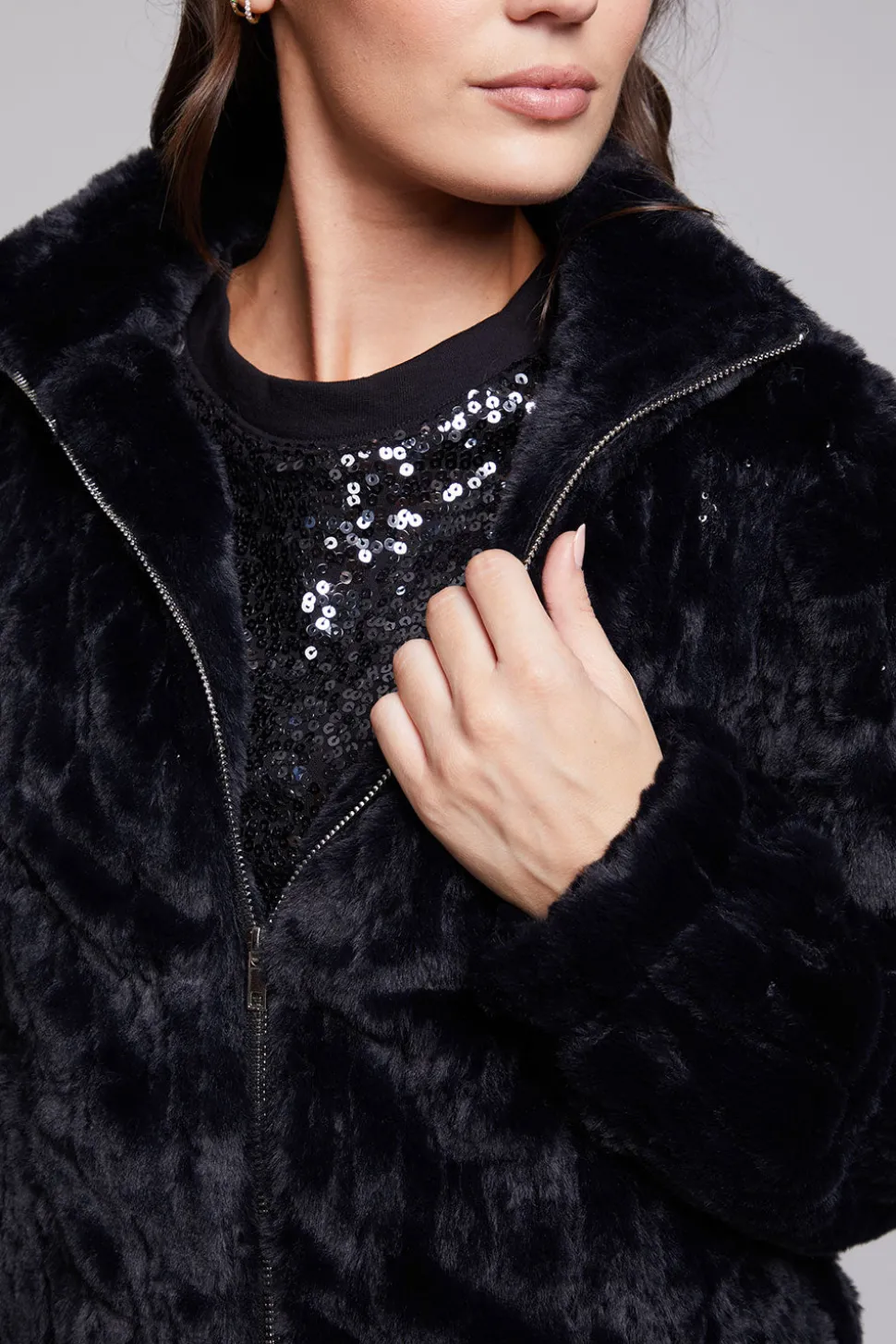 Chaser Brand Sequin Faux Fur Puff Sleeve Jacket Clearance