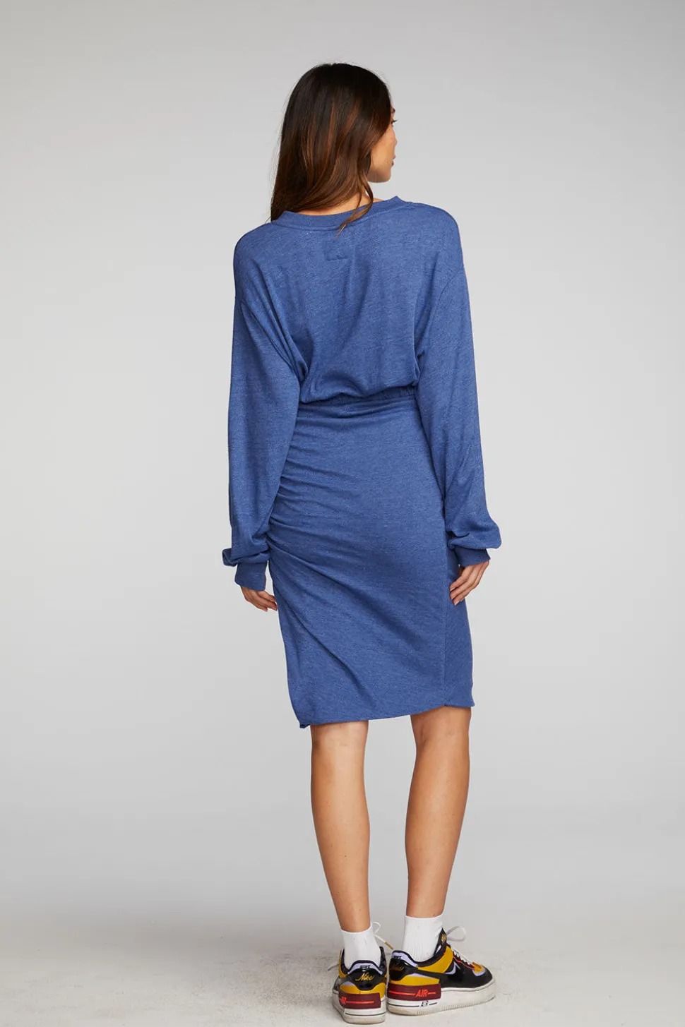 Chaser Brand Triblend Midi Dress With Shirring At Waist And Side Slit New