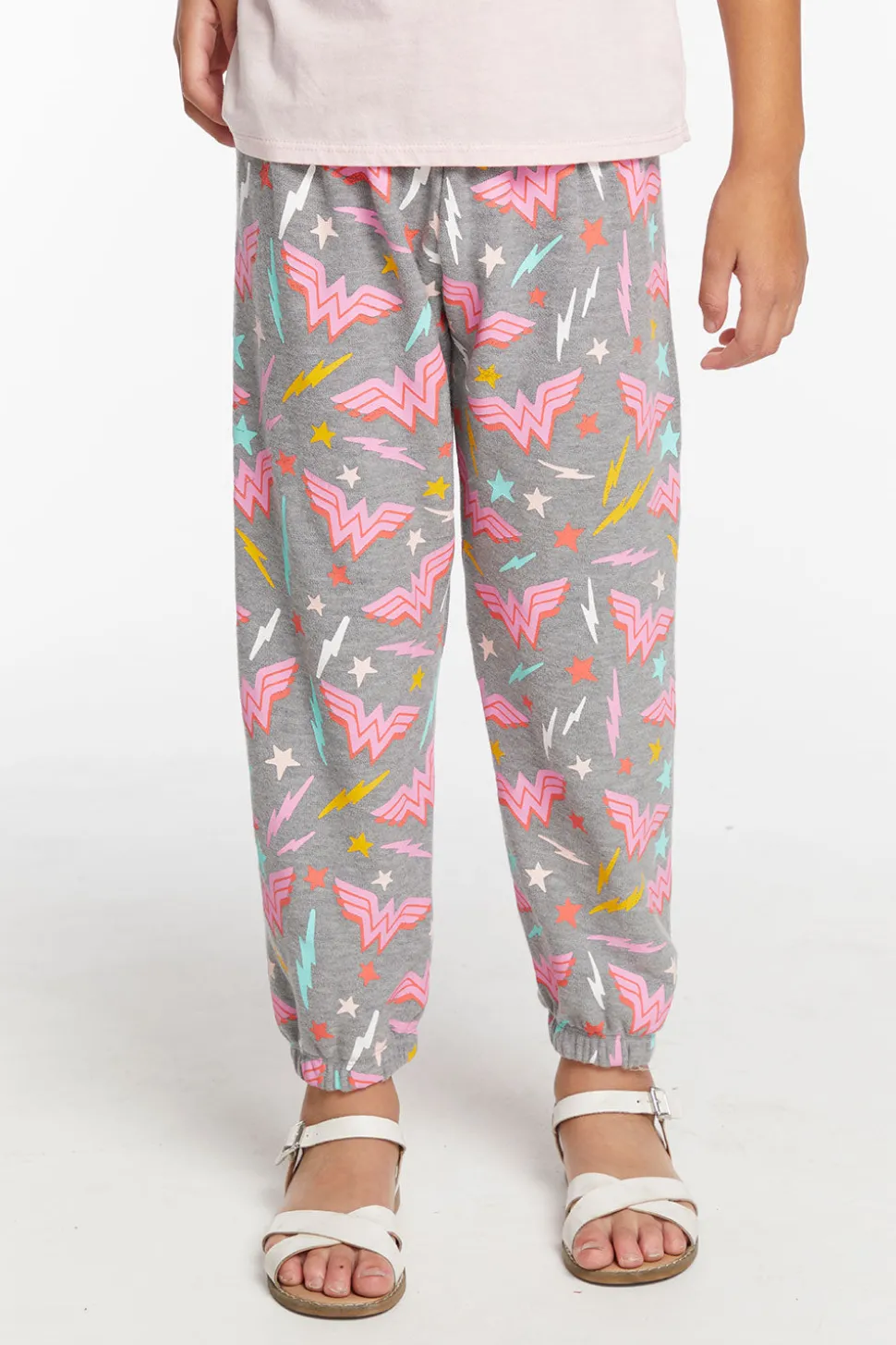 Chaser Brand Wonder Woman All Over Logo Girls Cozy Knit Sweatpant Fashion