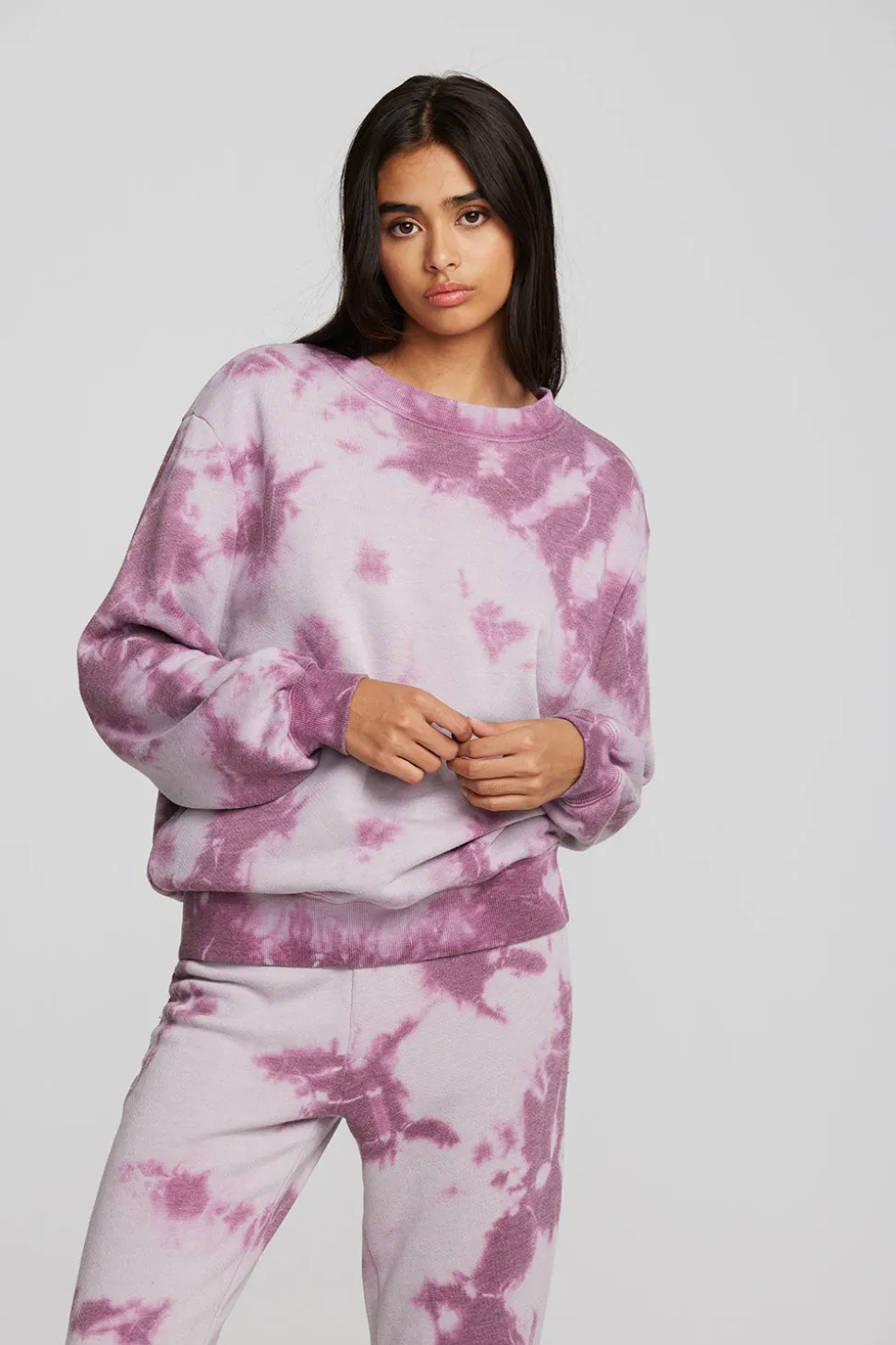 Chaser Brand Zuma Cotton Terry Crewneck Pullover With Distressed Detail Long Sleeve Cheap